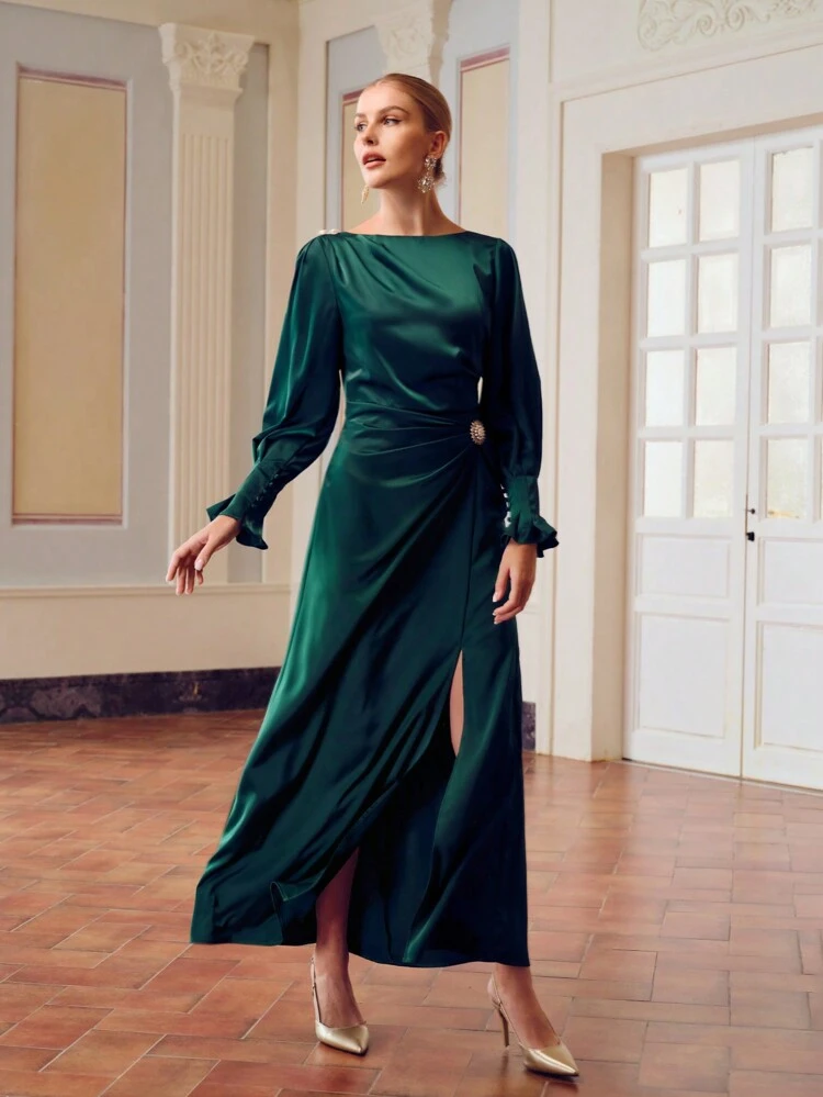 ZEYLAH SATIN SOLID FLARE SLEEVE RHINESTONE AND FAUX PEARL RUCHED WAIST LONG DRESS