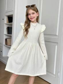 Tween 女童休闲粗针织提花圆领盖袖腰部收褶长袖连衣裙，优雅淑女，四季皆宜