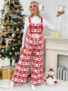 SHEIN 2pcs/Set Maternity Stand Collar White Long Sleeve Top And Red Suspender Overall Christmas Outfit - Red and White - View 6
