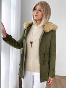 SHEIN LUNE Women Casual Cinched Waist Zip Up Contrast Fuzzy Trim Hooded Coat, Winter Clothes