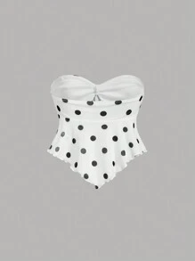 SHEIN MOD Women Vintage Polka Dot Front Knot Asymmetric Hem Fashionable Tube Top