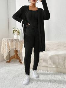 SHEIN Essnce 大码女装秋冬新款时尚休闲商务休闲女装通勤镂空服装感恩节女装套装冬季女装冬季女套装罗纹拉绒面料针织面料黑色长款开衫+吊带背心+打底裤三件套女秋季套装服装套装冬季女装套装女秋季套装 - 黑色 - 查看 3