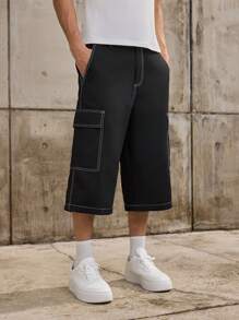 Forever 21 Quần lửng ống rộng thoải mái cho nam đi dạo phố có đường khâu tương phản màu đen, phù hợp cho mùa hè - màu đen - Xem 1
