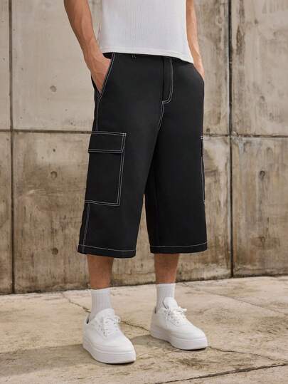 Forever 21 Men's Street Casual Loose Cropped Pants With Black Contrast Stitching, Suitable For Summer