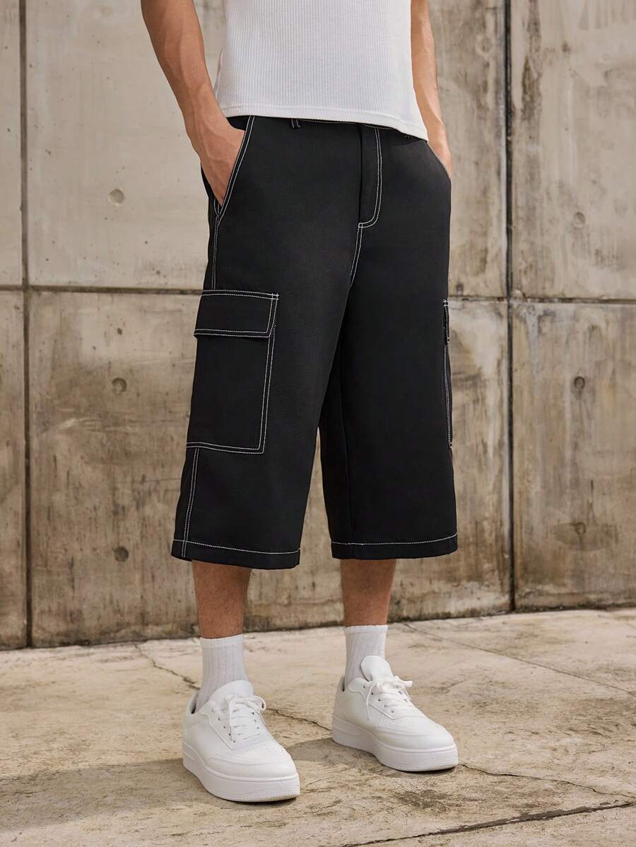 Forever 21 Quần lửng ống rộng thoải mái cho nam đi dạo phố có đường khâu tương phản màu đen, phù hợp cho mùa hè - màu đen - Xem 1