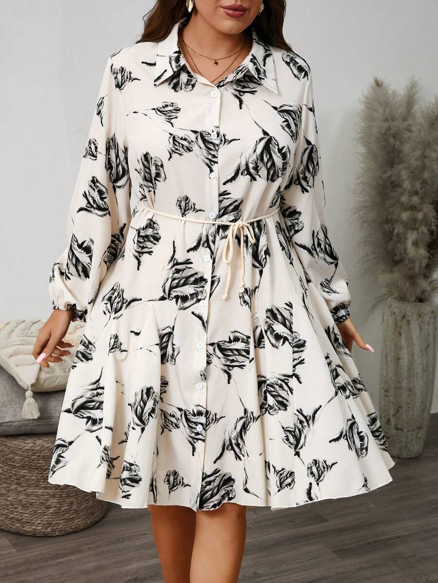 SHEIN LUNE Plus Size Floral All-Over Print Button Front Mini Shirt Dress, Casual For Autumn - Multicolor - View 1