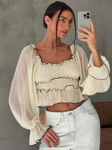 Aloruh 女士浪漫约会杏色长款泡泡袖撞色饰边分层开衩下摆衬衫