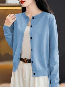 Chiquease 1 chiếc áo len cardigan trơn thường ngày cho nữ, đơn giản và thanh lịch, mùa thu/đông - Màu xanh lam - Xem 3