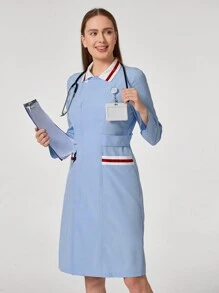 TaskEZ Uniforme de trabajo para mujer de manga larga ajustado con bloques de color y bolsillo