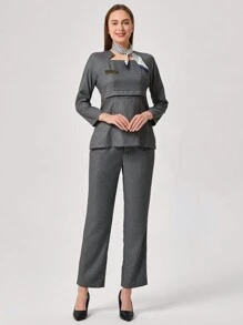 TaskEZ Conjunto de uniforme de trabajo con camisa de manga raglán y pantalones de unicolor, con lazo decorativo en el lateral, blusa de manga corta y pantalones en conjunto de 2 piezas. Traje profesional elegante para damas en oficina, recepción de hotel, salón de belleza, técnica de uñas. Ropa de trabajo