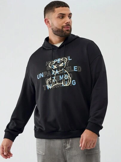 Manfinity VCAY 大码男士宽松休闲熊印花字母连帽衫，适合秋冬