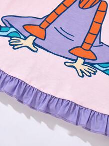 Nick 90s | SHEIN Young Girls Rugrats Cartoon Cute Little Girl Print Pink Purple Colorblock Contrast Color Processing Ruffle Hem Nightgown,Autumn/Winter - Mauve Purple - View 9