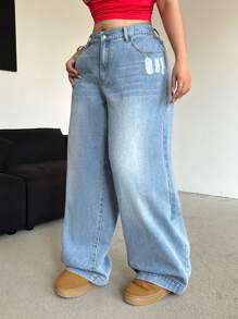 SHEIN ICON 加大码宽松直筒蓝色洗水宽松男友风牛仔裤 - 藍色 - 查看 4