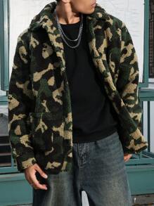 Manfinity Homme 男士休闲迷彩纽扣宽松羊毛夹克，带双口袋，秋冬，迷彩羔羊毛大衣，秋季男装，冬季男士夹克，保暖夹克 - 彩色 - 查看 4