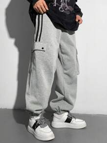 SHEIN Tween Boys' Casual Striped Pocket Zipper Ribbed Cuff Sweatpants, Contrast Drawstring, Versatile For Daily Wear, Spring/Summer/Autumn/Winter, School/Street Style