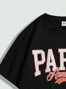 SHEIN Camiseta de manga corta con caída de hombros, estampado de letras en unicolor y ajuste suelto para niño adolescente - Negro - Ver 5