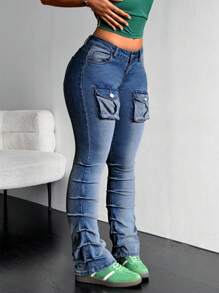 SHEIN ICON 女士休闲百搭工装喇叭褶牛仔裤 - 深色水洗藍 - 查看 3