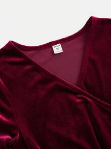 SHEIN Teen Girls' Burgundy Velvet Elegant Ruched Waist Mini Dress With Long Sleeves - Burgundy - View 15