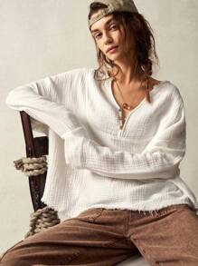 Bohemela Casual Loose V-Neck Drop Shoulder Long Sleeve Woven Blouse For Women - White - View 4