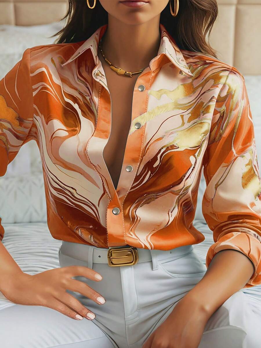 SHEIN Clasi 大码女式春季优雅大理石印花长袖衬衫 - 橘色 - 查看 1