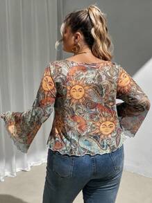 SHEIN CURVE+ Camisa informal con mangas acampanadas, cordones al frente y encaje, para tallas grandes, para vacaciones de primavera y otoño, graduación, boda y fiesta