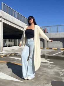 Flirla Áo Cardigan hở vai rộng rãi thường ngày cỡ lớn cho mùa thu/đông - Màu be - Xem 5