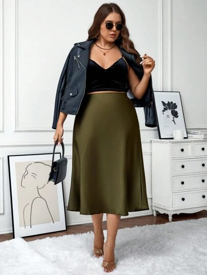 SHEIN LUNE Plus Size Women Solid Color Zipper Fastening Elegant Party Skirt New Years Holiday, For Thanksgiving