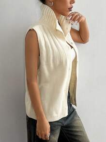 Flirla Women's Casual Solid Color Front Button Knitted Sweater Vest, Autumn/Winter - Apricot - View 5