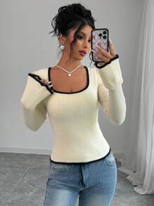 RosyDaze Casual Colorblock Bell Sleeve Sweater, Autumn/Spring