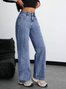 SHEIN EZwear 女士宽松休闲口袋阔腿牛仔裤 - 中等水洗藍 - 查看 5