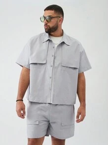 Manfinity VCAY 2pcs/Set Plus Size Men's Casual Loose Woven Drop Shoulder Short Sleeve Shirt & Drawstring Waist Straight Shorts Set - Blue - View 2