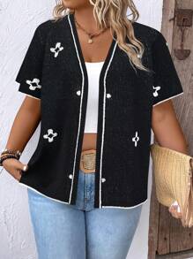 大码假日休闲拼色饰边几何印花短袖开衫 - 黑色 - 查看 4