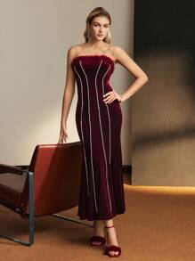 The Great Gatsby x MOTF 天鹅绒蓬松边饰水钻细节美人鱼下摆筒形晚礼服 - 酒紅色 - 查看 4