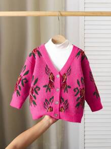SHEIN V-Neck Long Sleeve Floral Pattern Cardigan Sweater, Fashion Versatile Mid-Length Knitted Top - Hot Pink - View 1