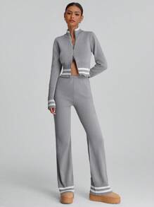 Forever 21 Simple Plain & Zip Front Long Sleeve Top, Casual Everyday Wear - Grey - View 3