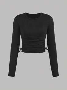 SHEIN Girlism Bộ 2 áo thun dài tay cổ tròn nhún bèo màu trơn thường ngày cho bé gái tuổi teen - Đen và trắng - Xem 5