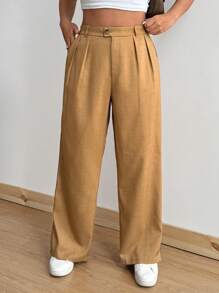 Flirla Plus Size Casual & Stylish Commuting Sports Style Simple Design Pants Fall Cloth For Women - Khaki - View 3