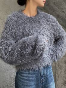 FRIFUL Women's Solid Color Casual Dropped Shoulder Loose Fluffy Knit Sweater, Autumn/Winter,Thermal Lined - Grey - View 1