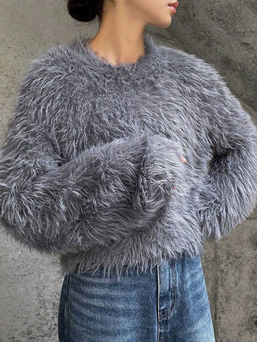 FRIFUL Women's Solid Color Casual Dropped Shoulder Loose Fluffy Knit Sweater, Autumn/Winter,Thermal Lined - Grey - View 1