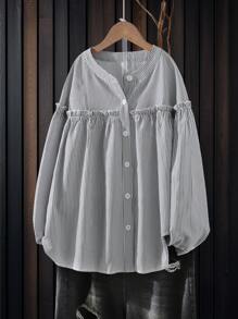 EMERY ROSE Women Spring/Autumn Single-Breasted Long Sleeve Striped Loose Casual Ruffle Blouse Fall Cloth For Women - Black - View 1