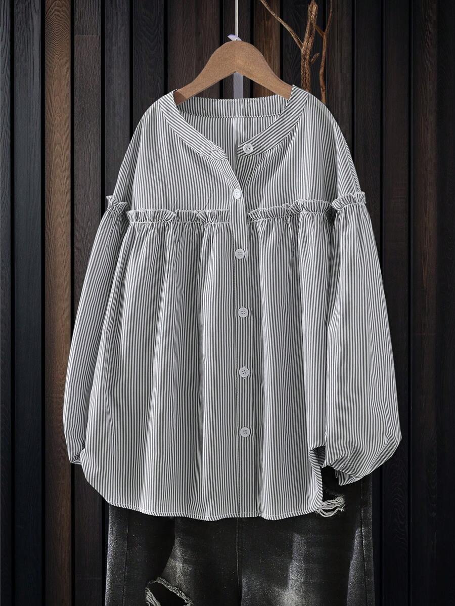 EMERY ROSE Women Spring/Autumn Single-Breasted Long Sleeve Striped Loose Casual Ruffle Blouse Fall Cloth For Women - Black - View 1