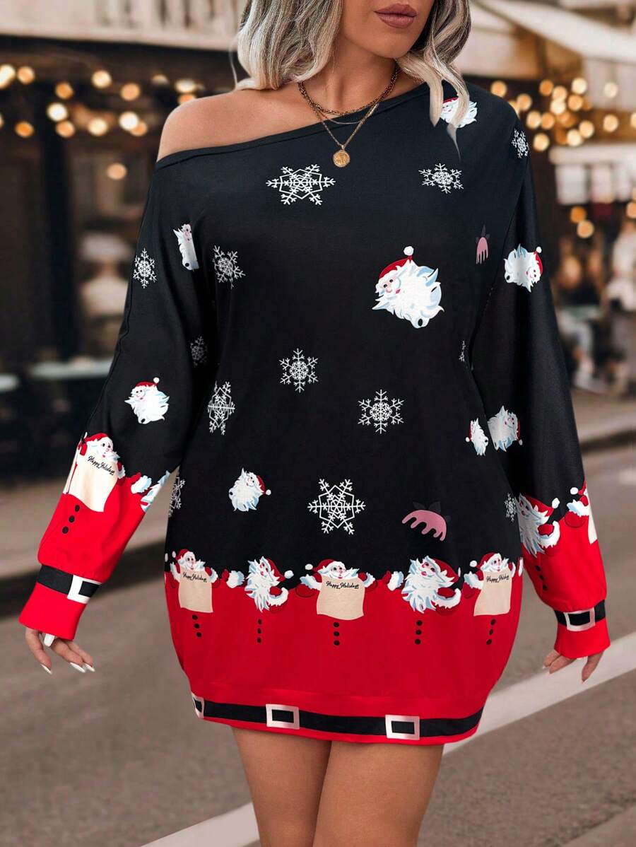 Calvaya Plus Size Women Asymmetrical Neck Elegant Christmas Pattern Loose Sweatshirt, Fall Clothes Pullover - Multicolor - View 1