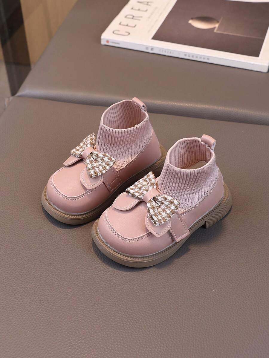 1 par Botas cortas con decoración de lazo rosa para niñas, botas de calcetines de punto para niños, botas de princesa de suela blanda para bebés - Rosa - Ver 1