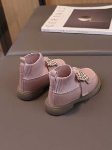 1 par Botas cortas con decoración de lazo rosa para niñas, botas de calcetines de punto para niños, botas de princesa de suela blanda para bebés - Rosa - Ver 2