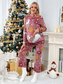 SHEIN 2pcs Christmas Maternity Long Sleeve Top & Pants, For Winter - Multicolor - View 4