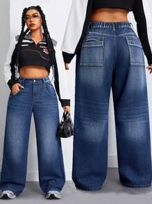 Jeanoix 大码中腰无弹力直筒牛仔裤，带装饰口袋