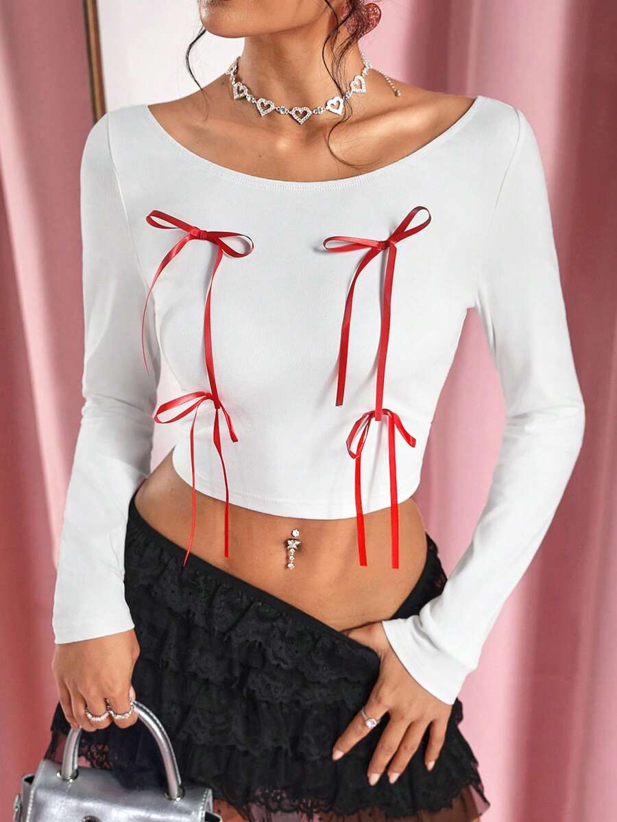 SHEIN SXY 秋冬露肩蝴蝶结白色长袖T恤，百搭设计 - 白色 - 查看 1
