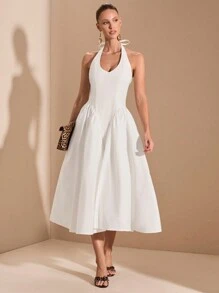 SHEIN BAE Robe blanche pure à col en V profond avec cravate à la taille et manches bouffantes pour occasions formelles, remise de diplômes, soirée cocktail, rendez-vous romantique, superposition d'hiver, fête, boîte de nuit, robe de demoiselle d'honneur, tenue de soirée, Halloween, Noël
