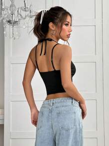 SHEIN EZwear 1 Stück Glitzer Patchwork Dekonst​ruiertes Top mit dünnen Trägern - Schwarz - Übersicht 2