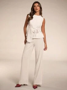 SHEIN BAE 女士夏季休闲纯色不对称下摆背心西装外套和裤子套装商务女装性感办公室女装两件套老款教师装秋季女装 - 杏色 - 查看 5